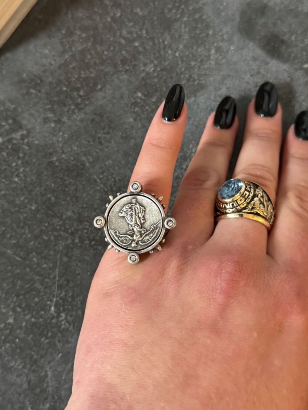 FRENCH KANDE Spiked Ring Silver Angel Coin Mini L'Ange Size 8.5
